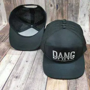 D.A.N.G. Apparel black hats on display
