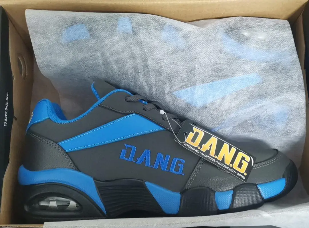 Black and blue sports shoes with the word DANG on the side.