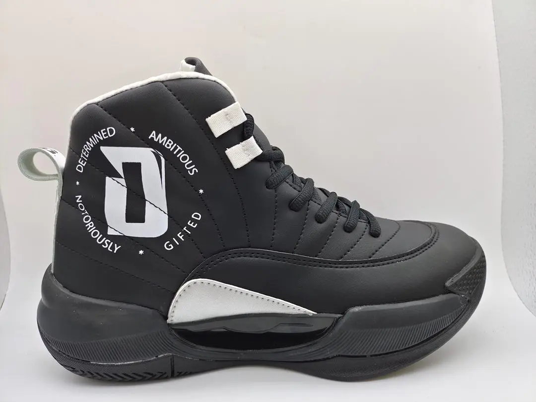 Black high-top athletic shoe with white accents and bold branding.