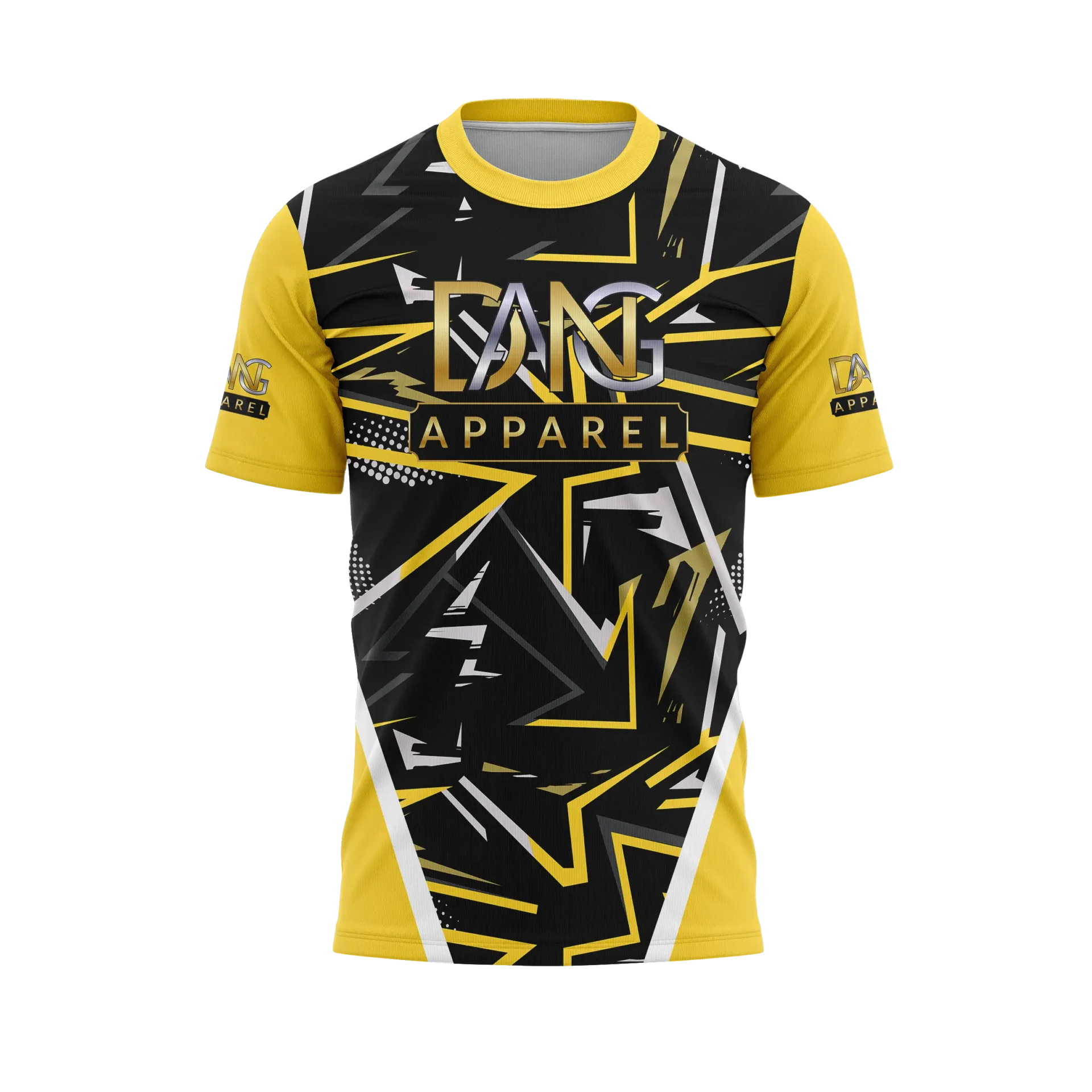 Black and yellow graphic t-shirt with bold geometric patterns.